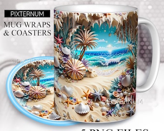 3D glitter Beach, Ocean, Seashell, Starfish, Wrap PNG, Mug Sublimation Design Template, 11oz, 12oz, 15oz Coffee Mug Design, Digital Download
