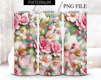 May include: A floral-themed tumbler featuring a design of pink roses, white flowers, and green leaves. The design includes gold accents and is set against a white and pink background. The text "PIXTERNUM" and "PNG FILE" are visible.