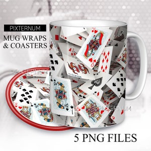 3D speelkaarten mok wrap PNG, mok sublimatie en onderzetters ontwerpsjabloon, 11oz, 12oz, 15oz koffiemok ontwerp, digitale download