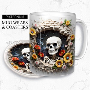 3D schedel gat in een muur mok wrap PNG, mok sublimatie ontwerpsjabloon, 11oz, 12oz, 15oz koffiemok ontwerp, digitale download, 3D bloemen