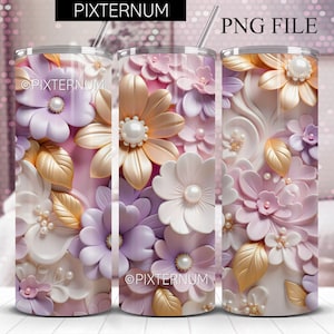 Nahtlose 3D-Blumen-Becherverpackung, rosa Floral PNG 3D-Becher-Design, gerader 20 Unzen Skinny Tumbler, Sublimations-Design