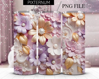 May include: Three floral-themed tumblers with a straw. The design features 3D flowers in shades of white, lavender, peach, and gold, with pearl accents. The tumblers are labeled "PNG FILE" and "PIXTERNUM".