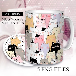 Katten mokomslag PNG, ontwerpsjabloon mok sublimatie, 11oz, 12oz, 15oz koffiemok ontwerp, digitale download