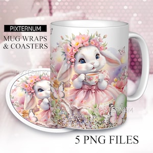May include: A white ceramic mug with a pink bunny holding a teacup. The bunny is wearing a pink dress and a flower crown. The mug is surrounded by pink flowers and butterflies. The text "PIXTERNUM MUG WRAPS & COASTERS" is at the top of the mug.