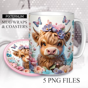 3d Highland Cow and Butterflies Wrap PNG, Mug Sublimation Design Template, 11oz, 12oz, 15oz Coffee Mug Design, Digital Download, 3D PNG