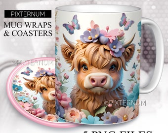 Envoltura PNG de vaca de las Tierras Altas y mariposas en 3D, plantilla de diseño de sublimación de taza, diseño de taza de café de 11 oz, 12 oz y 15 oz, descarga digital, PNG 3D