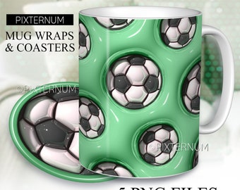 3d Glossy Inflated Football Soccer Mug Wrap PNG, Mug Sublimation Design Template, 11oz, 12oz, 15oz Coffee Mug Design, Digital Download