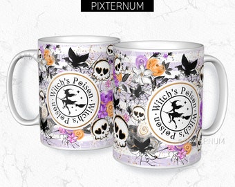 Envoltura digital para taza de Halloween PNG, plantilla de diseño de sublimación, prensa para taza de café de 12 oz, descarga digital, calaveras, brujas, murciélagos