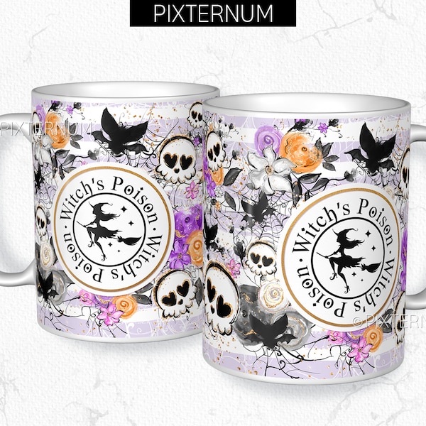 Halloween Digital Mug Wrap PNG, Sublimation Design Template, 12oz Coffee Mug Press, Digital Download, Skulls, Witch, Bats