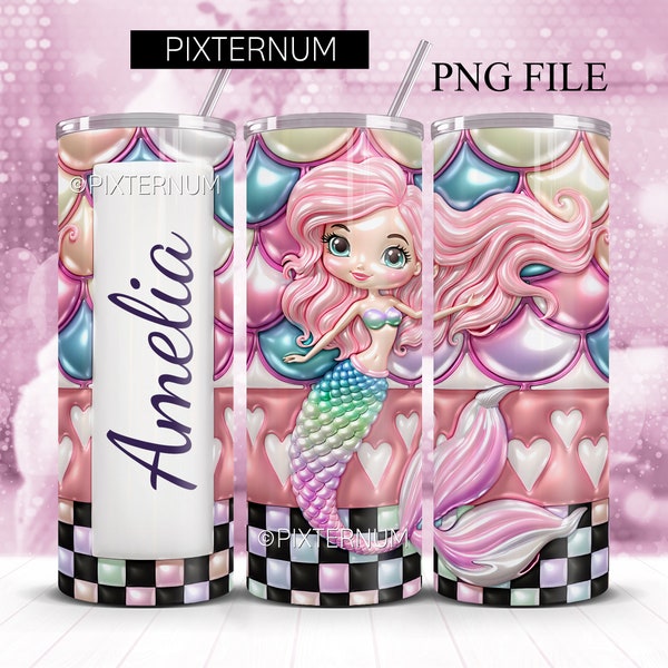 Pretty 3D Mermaid Tumbler Wrap PNG, Little Girly Puffy Inflated Tumbler Design, Straight 20oz Skinny Tumbler, Seamless Sublimation Design