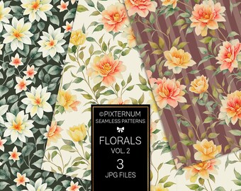 Floral Seamless Patterns, Watercolor Flower Digital Papers Pack by Pixternum, Fabric Print, Surface Pattern, Rose,