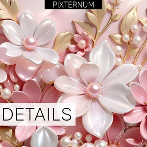 May include: A close-up of a pink and white floral arrangement with pearl accents. The flowers are made of a shiny, pearlescent material and have a 3D effect. The arrangement is surrounded by gold leaves and stems.