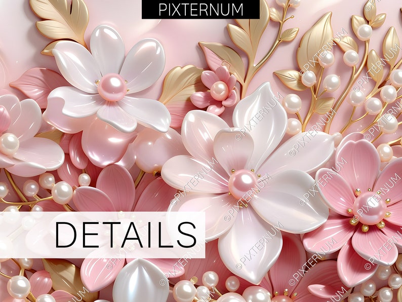 May include: A close-up of a pink and white floral arrangement with pearl accents. The flowers are made of a shiny, pearlescent material and have a 3D effect. The arrangement is surrounded by gold leaves and stems.