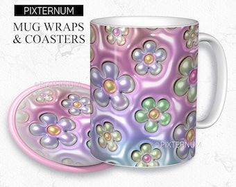 3d Inflated Flowers Floral Mug Wrap PNG, Mug Sublimation Design Template, 11oz, 12oz, 15oz Coffee Mug Design, Digital Download, 3D Puff,