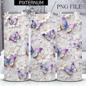 Könnte beinhalten: Ein weißer Becher mit einem Design aus lila und blauen Schmetterlingen auf einem weißen Blumenhintergrund. Der Becher ist aus Edelstahl und hat einen durchsichtigen Deckel. PNG FILE.