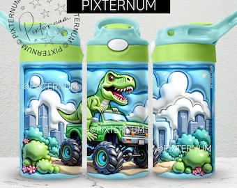 May include: A 12-ounce tumbler wrap featuring a green, blue, and white design with a dinosaur and city skyline. The wrap is seamless and can be used to personalize a tumbler.