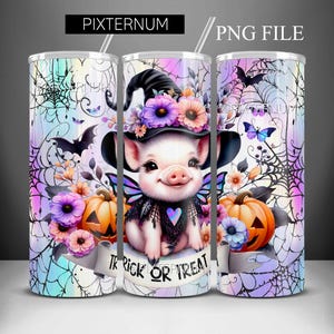 Bonita envoltura de vaso de cerdo de Halloween PNG, bruja holográfica de Halloween 20oz diseño de sublimación de vaso delgado, envoltura de vaso de Halloween, truco o
