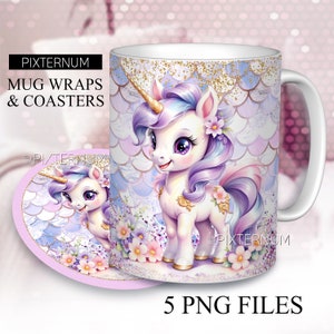 Niedliches Einhorn mit Blumen Wrap PNG, Floral Mug Sublimation Aquarell Design Vorlage, 11 Unze, 12 Unze, 15 Unze Kaffeetasse Design, digitaler Download
