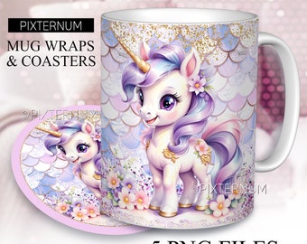 May include: A white ceramic mug with a purple and blue unicorn illustration. The unicorn has a gold horn and is surrounded by flowers. The mug has a pink and blue mermaid scale pattern and gold glitter. The mug is accompanied by a matching coaster with the same design. The text "PIXTERNUM MUG WRAPS & COASTERS" is at the top of the image. The text "5 PNG FILES" is at the bottom of the image.