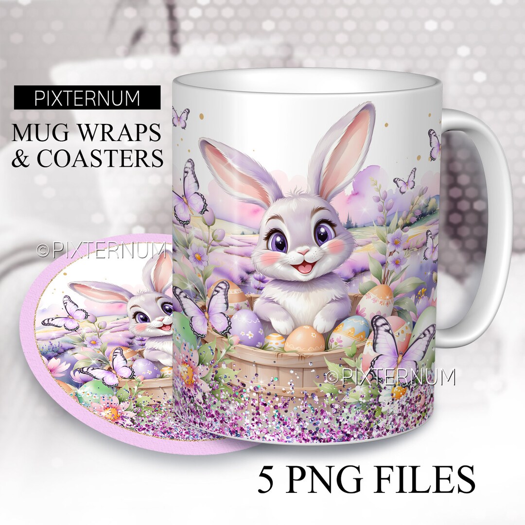 Cute Easter Bunny and Butterflies Wrap PNG, Mug Sublimation Watercolor ...