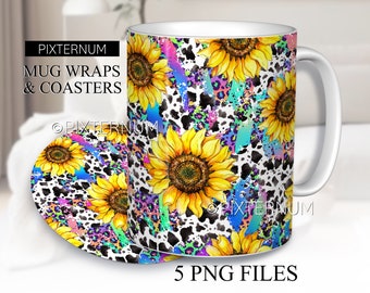 Lebendige Sonnenblumen Wrap PNG, Rainbow Country Becher Sublimationsdesign-Vorlage, 11 Unze, 12 Unze, 15 Unze Kaffeetasse Design, digitaler Download, Becher PNG