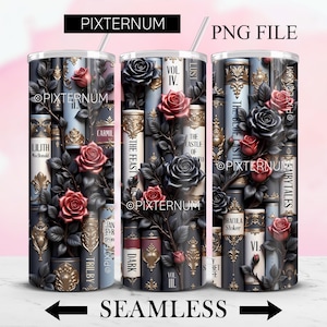 以下が含まれることがあります： 赤と黒のバラと古書が積み重なったタンブラーのシームレスデザイン。「PIXTERNUM」、「PNG FILE」、「SEAMLESS」の文字入り。本には金色の装飾が施され、「LILITH」などのタイトルが書かれています。