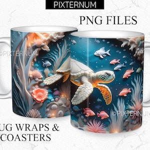 3D Cartoon Meeresschildkröte Becher wickeln PNG, Becher Sublimation Design Vorlage, 11 Unzen, 12 Unzen, 15 Unzen Kaffeetasse Design, digitaler Download, 3D Unterwasser