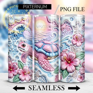 May include: A seamless tumbler design featuring a pink sea turtle, hibiscus flowers, and ocean waves. The design includes the text "PIXTERNUM" and "PNG FILE". The tumbler has a straw and a lid.