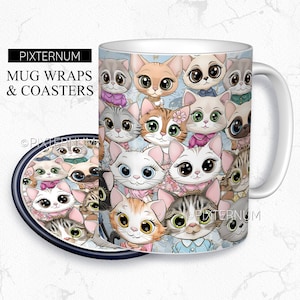 Cats Mug Wrap PNG, Mug Sublimation Design Template, 11oz, 12oz, 15oz Coffee Mug Design, Digital Download