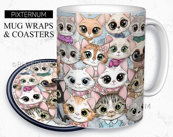 Cats Mug Wrap PNG, Mug Sublimation Design Template, 11oz, 12oz, 15oz Coffee Mug Design, Digital Download