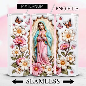 May include: A white tumbler with a seamless design featuring a floral pattern and a depiction of the Virgin Mary. The floral pattern includes white and pink flowers with green leaves. The Virgin Mary is depicted in a blue and pink robe with her hands clasped in prayer.