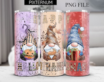 May include: Three 20 oz stainless steel tumblers with a gnome design. The first tumbler has a purple background with a spiderweb design and the text "Halloweeen". The second tumbler has a tan background with a fall leaf design and the text "Happy Thanks". The third tumbler has a red background with a snowflake design and the text "Smas".