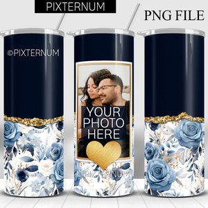 Personalized Blue Flowers Glitter 20oz Photo Skinny Tumbler Wrap, Floral 20 oz Sublimation Design PNG, Digital Download, Seamless