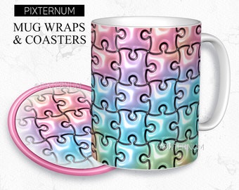 3d Inflated Puzzle Mug Wrap PNG, Mug Sublimation Design Template, 11oz, 12oz, 15oz Coffee Mug Design, Digital Download, 3D Puff, Puffy