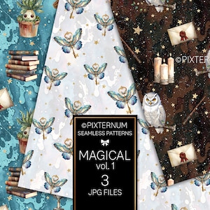 Hexe und Zauberer Digital Papers, Magic Seamless Patterns von Pixternum, Stoffdesigns, Zauberstäbe, Besen, Tränke, Pflanzen, Bücher, Schlüssel