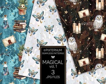 May include: Three digital paper patterns with a magical theme. The patterns feature owls, candles, stars, keys, butterflies, books, potions, and envelopes. The patterns are in shades of blue, brown, and white.