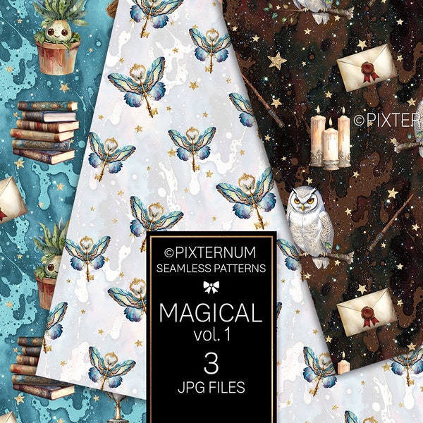 Papiers numériques sorcière et sorcier, motifs magiques sans couture par Pixternum, conceptions de tissu, baguettes, balais, potions, plantes, livres, clés
