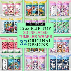 32 Kids Tumbler Wrap PNG Bundle, 3D Inflated Puffy 12oz Sippy Cup Wraps, Flip Top Tumbler Wrap Bundle, Seamless Sublimation Design, Digital