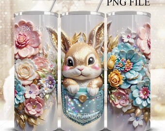 3D Glitter Bunny Tumbler Wrap, Seamless Rabbit Glitter and Flowers PNG 3D Tumbler Design, Straight 20oz Skinny Tumbler, Sublimation Design