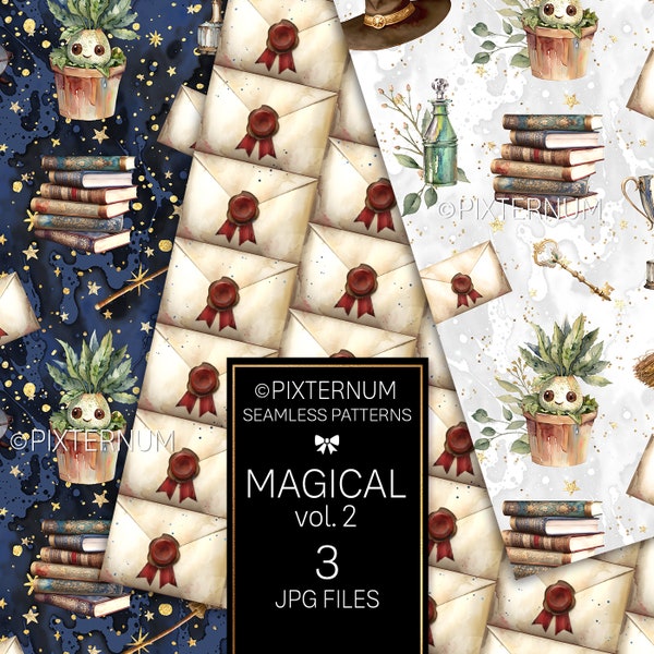 Witch and Wizard Digital Papers, Magic Seamless Patterns by Pixternum, Fabric Designs, Wands, Brooms, Potions, Plants, Books, Keys