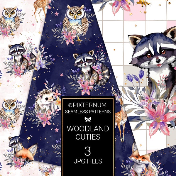 Cute Woodland Animals Seamless Patterns Pack, Watercolor Animals Digital Papers by Pixternum, Fox, Raccoon, Owl, Deer, Hedgehog, Fabric