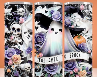 May include: A cylindrical tumbler wrap design featuring a white ghost wearing a black hat, skulls, spiderwebs, and purple, pink, and peach roses. The design includes an orange pumpkin and a white banner with the black text TOO CUTE TO SPOOK.