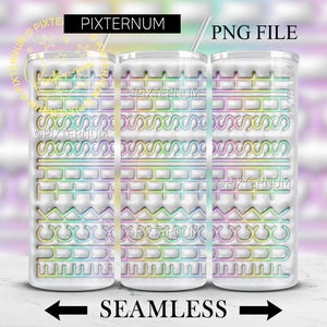 May include: Three white tumblers with a repeating pattern of pastel-colored geometric shapes. The design includes squares, plus signs, triangles, and wavy lines. The tumblers have a straw and the text "PNG FILE" is visible.