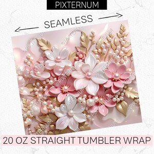 May include: A 20 ounce straight tumbler wrap featuring a seamless pattern of pink and white flowers with gold accents and pearl embellishments. The design is perfect for adding a touch of elegance to your tumbler.