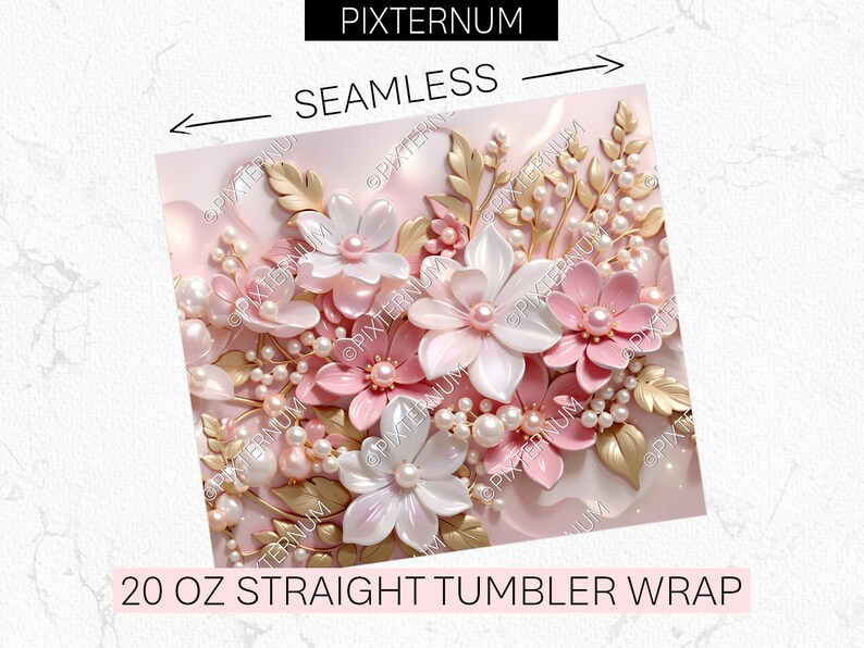 May include: A 20 ounce straight tumbler wrap featuring a seamless pattern of pink and white flowers with gold accents and pearl embellishments. The design is perfect for adding a touch of elegance to your tumbler.