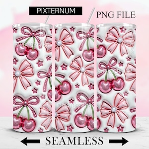 May include: Seamless pattern design featuring pink bows with rhinestones and pink cherries on a white background. This design is perfect for creating custom tumblers, mugs, and other personalized items.