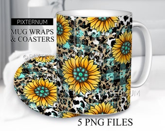 Hermosos girasoles taza envoltura PNG, diseño de sublimación de taza de campo, diseño de taza de café occidental de 11 oz, 12 oz, 15 oz, descarga digital, PNG