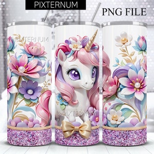 Bezszwowa 3D jednorożecowa folia na kubek, brokat i kwiaty PNG 3D Tumbler Design, prosty 20-uncjowy chudy Tumbler, projekt sublimacji