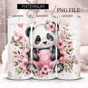 Pretty Panda con flores 20oz Skinny Tumbler Wrap, Pink Floral 20 oz Diseño de sublimación PNG, Mariposas Descarga digital, Vaso sin costuras