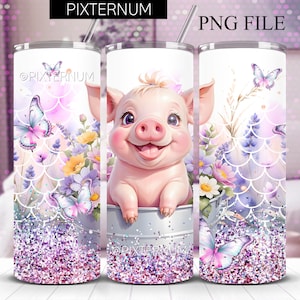 Envoltura para vaso delgado de 20 oz con diseño de cerdito feliz, animales de granja bebés, flores con purpurina sin costuras, diseño de sublimación PNG de 20 oz, descarga digital